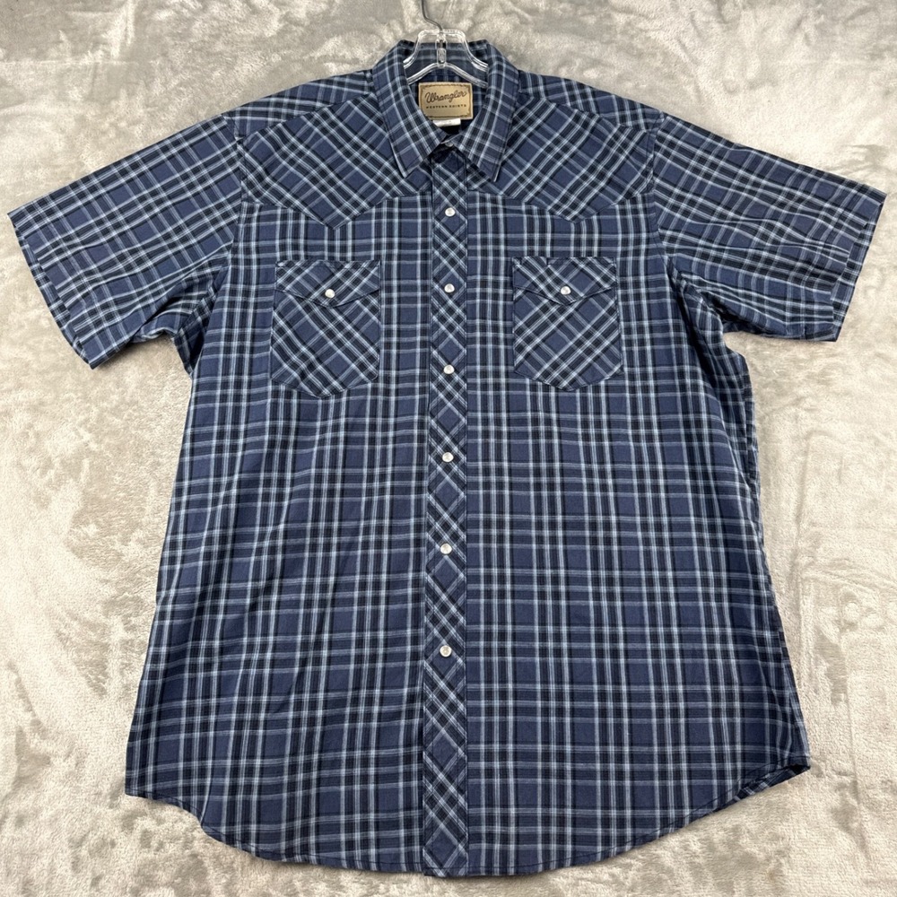 Wrangler Button-Down Shirt Mens XL Western Blue Plaid Pearl Snap EUC